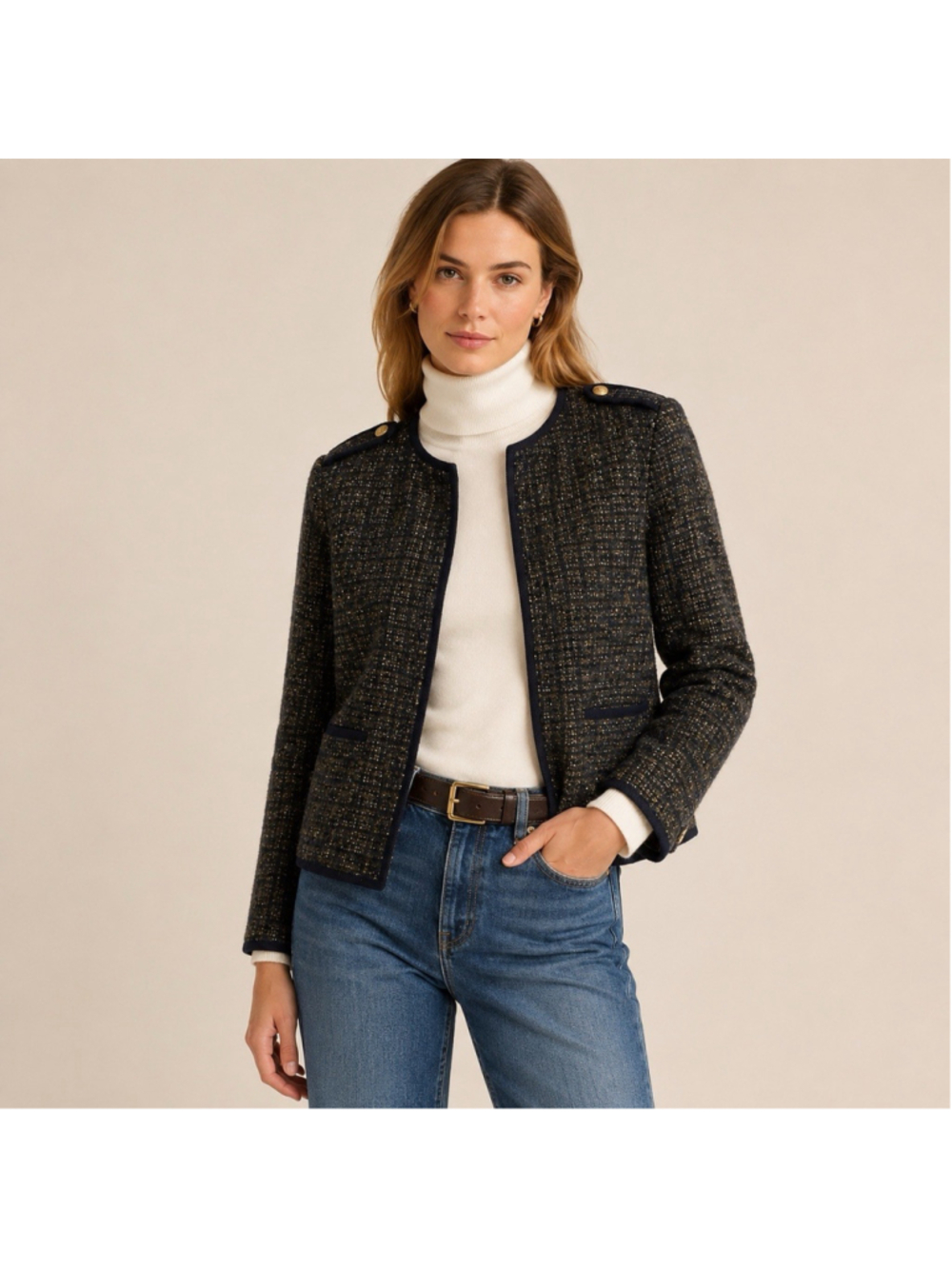 Talbots Metallic Woven Tweet Military Open Front Blazer Italian Yarn 16